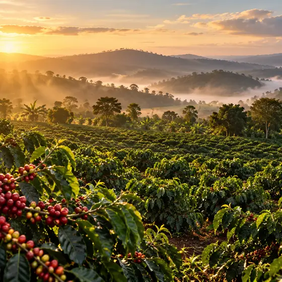 Sunrise over rolling coffee-growing hills